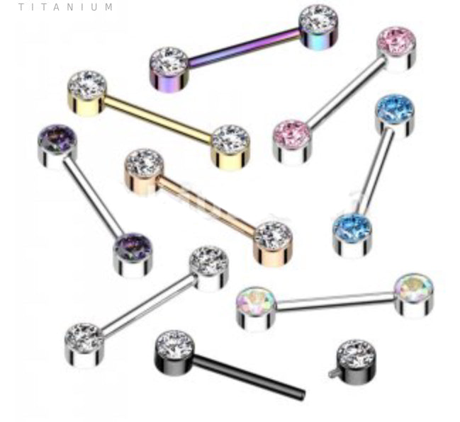 Titanium Internally Threaded Nipple Barbell With Bezel Set CZ Ends (Sold Individually) - Avanti Body Jewelry