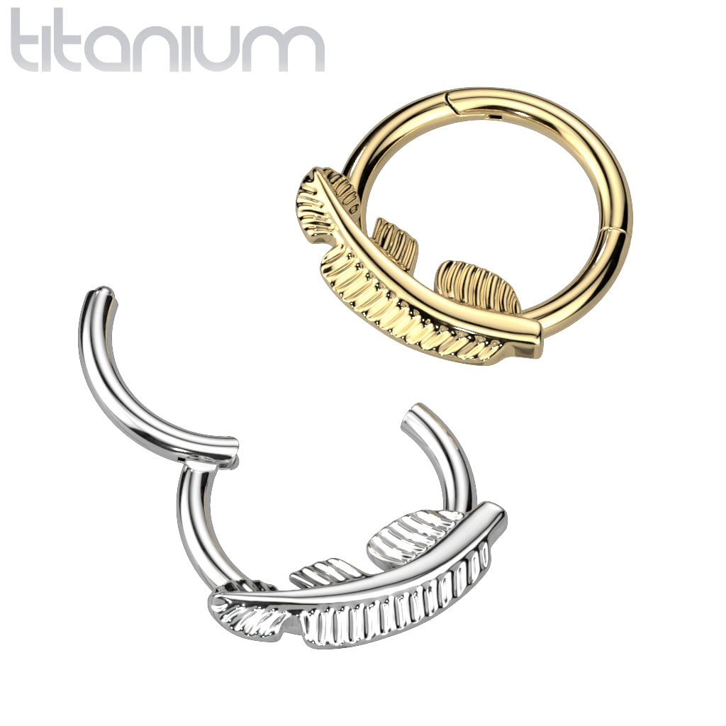 Hinged Ring w/ Feather | Titanium Clicker Segment Hoop Ring - Avanti Body Jewelry