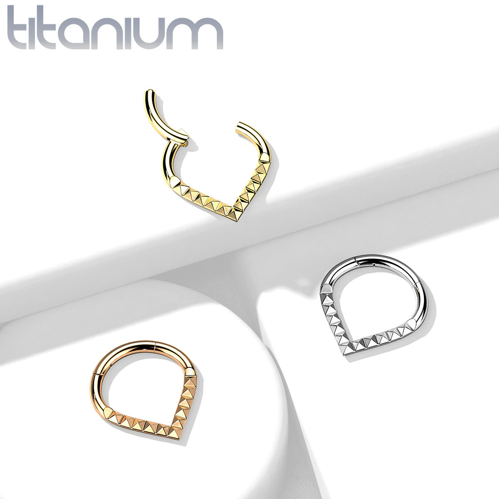 Hinged Ring Chevron Pyramid Front Facing | Titanium Clicker Segment Hoop Ring - Avanti Body Jewelry